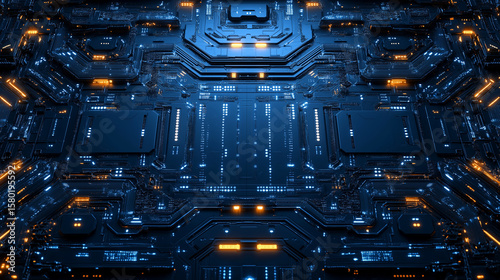 A highly detailed computer chip with intricate circuit patterns glows with blue and orange lights, suggesting advanced technology.