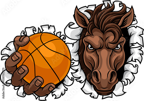 Horse mustang bronco stallion basketball angry sports team mascot holding a ball.
