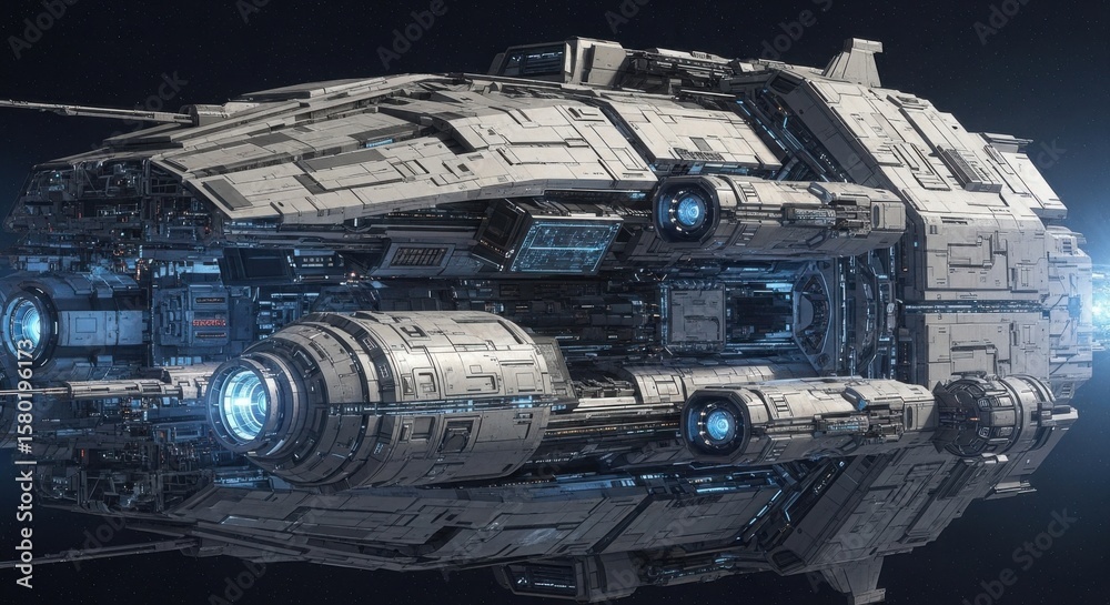 Fototapeta premium Massive Space Freighter Engined by Powerful Blue Thrusters Traveling Through Deep Space