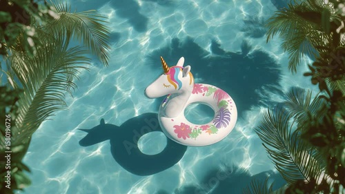 Top View of Clear Water Swimming Pool Featuring a Unicorn Inflatable Float, Surrounded by Crystal Clear Water and Lush Tropical Palm Trees on a Sunny Summer Day, a Serene and Inviting Scene

