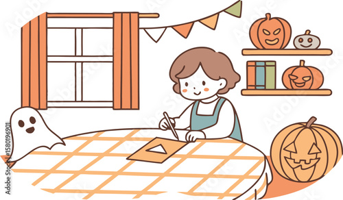 A cheerful child dressed in an apron is happily carving a pumpkin for halloween while sitting at a table with a ghost and decorations