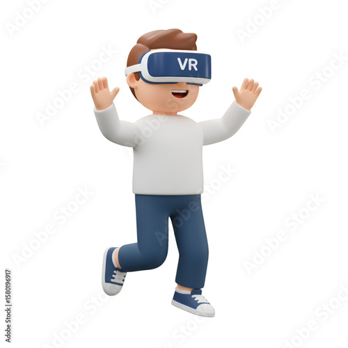 Illustration of Boy Character with VR Headset and Hands Up on Transparent