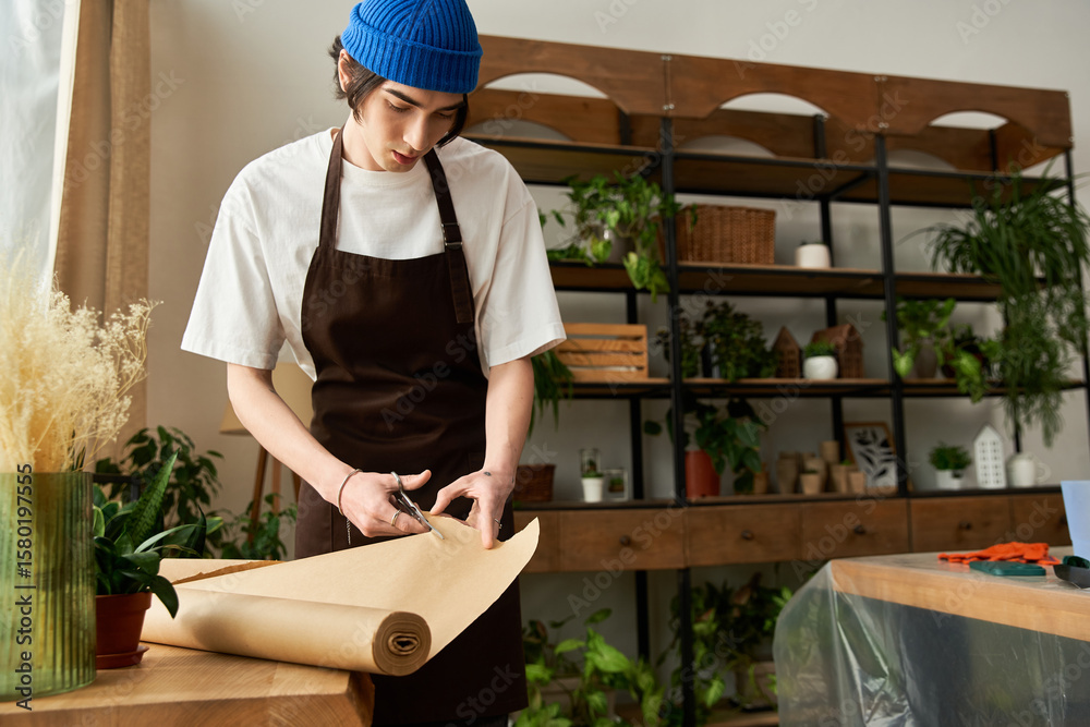 Fototapeta premium Handsome young man carefully preparing plant pots in a bright studio filled with greenery