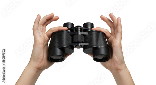 Hands Holding Black Binoculars Isolated View Tool Equipment Optics