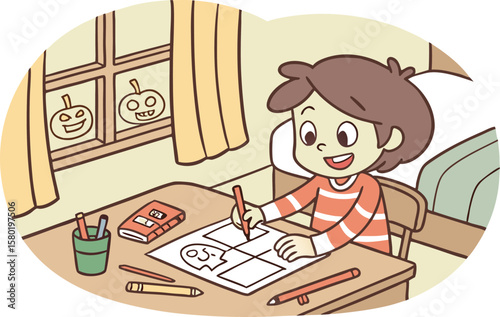 A happy young child drawing a halloween comic strip with pumpkins visible outside the window on a cozy autumn evening