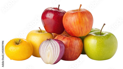 Assortment of fresh red yellow and green apples with a halved red onion isolated on transparent background
