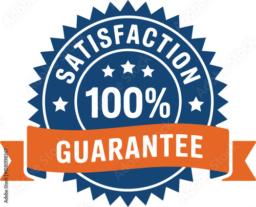 100% Satisfaction Guarantee Badge Seal, Blue and Orange Ribbon