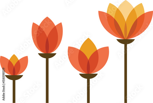 Abstract Geometric Orange and Yellow Flowers on White Background
