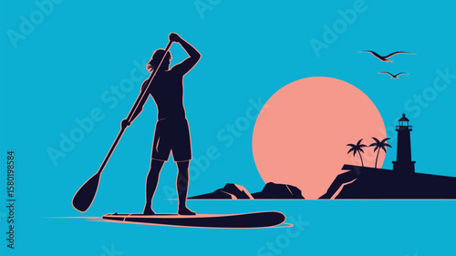 Stand Up Paddleboarding Silhouette at Sunset, Ocean View with Lighthouse