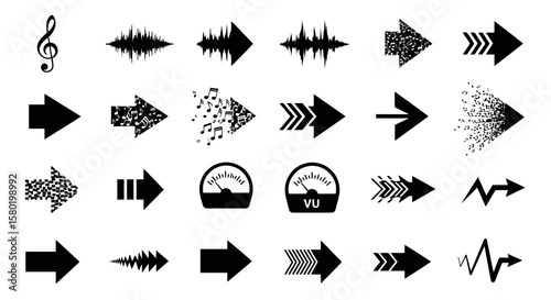 Diverse Arrow Styles A Vector Collection for Navigation and Design, Directional Icons with Audio Waveforms, Music Symbols, and Meter Illustrations