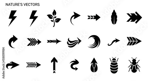 Set of Nature Inspired Arrow Graphics Vector Arrow Collection for Designers, Featuring Lightning Bolts, Leaves, and Streamlined Shapes for Creative Projects