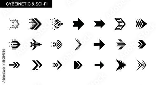 Cybernetic Direction Sleek Sci-Fi Arrows for Design & Navigation - Futuristic Pointers, Tech-Inspired Elements, and Streamlined Arrowhead Variations