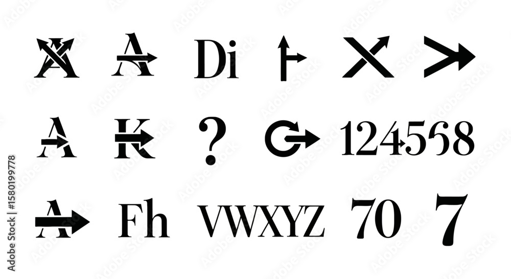 Naklejka premium Variety of Arrow Symbols and Typographic Elements in Vector Format Customizable Directional Icons and Font Characters (51).eps