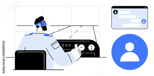 Pilot in uniform and headset controls aircraft dashboard, digital chat window, and user profile icon. Ideal for aviation, technology, communication, collaboration, transportation, teamwork simple