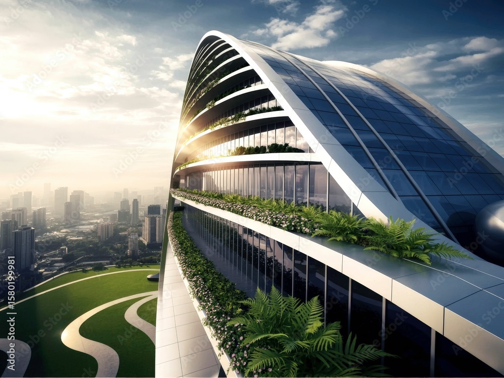 Obraz premium Modern Sustainable Building With Unique Curved Architecture and Greenery Integration