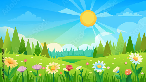Bright sunny day over a vibrant meadow filled with colorful flowers