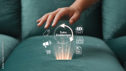 Hand activating sales enablement tools for business growth and customer engagement