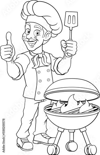 A chef cartoon barbecue cook out brazier cook man giving thumbs up and holding a BBQ spatula mascot character illustration