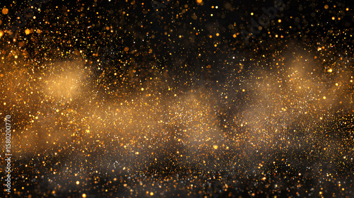 dust particles with glowing flare, sparkle shimmer and glitter dust cloud on, abstract golden light effect with bokeh rays and festive dust texture for design.