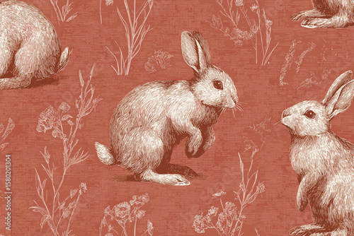 Seamless Pattern – Delicate Hand-Drawn Rabbits with Wildflowers on Textured Cayenne Red Linen Background, Fine Linework and Soft Shading for Sophisticated Rustic Fabric Designs 