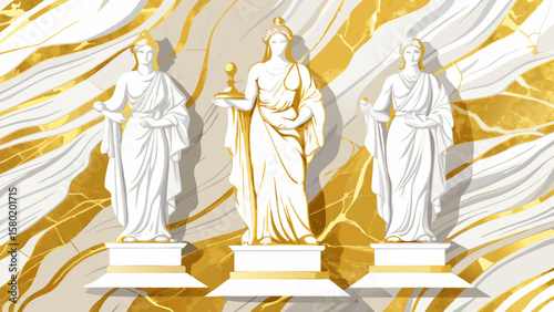 Three classical white marble statues of women in flowing robes against a gold and white marble background