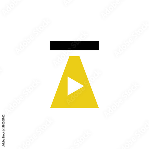 A minimalist black and yellow logo resembling an inverted cone or spotlight, with a play button icon and a horizontal line above