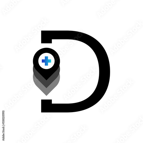 A logo with a black letter "D" and a stack of three layered location pin icons, with a blue and light blue plus sign in the top pin