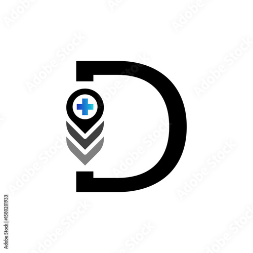 A logo featuring a black letter "D" and a downward-pointing stack of three layered chevron-like shapes, with a location pin and blue-light blue plus sign at the top.