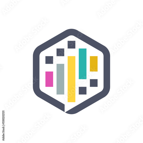  A logo featuring a grey hexagonal speech bubble outline enclosing various colorful vertical bars and small squares, resembling a bar chart