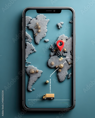 Smartphone with a global map and delivery route, showing location and transportation