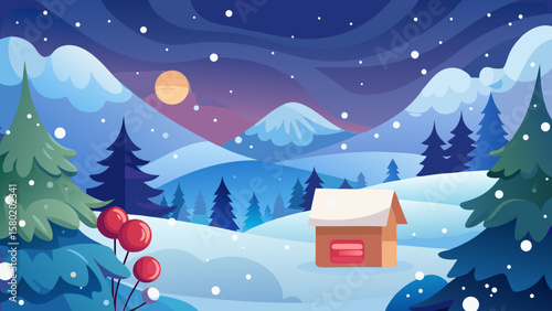 Cozy winter cabin nestled in a snowy landscape under a starry night sky