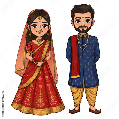 Illustration Of Indian Wedding Couple Red Sari Traditional Cartoon