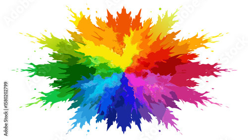 Vibrant rainbow color splash explosion with paint splatters on white background