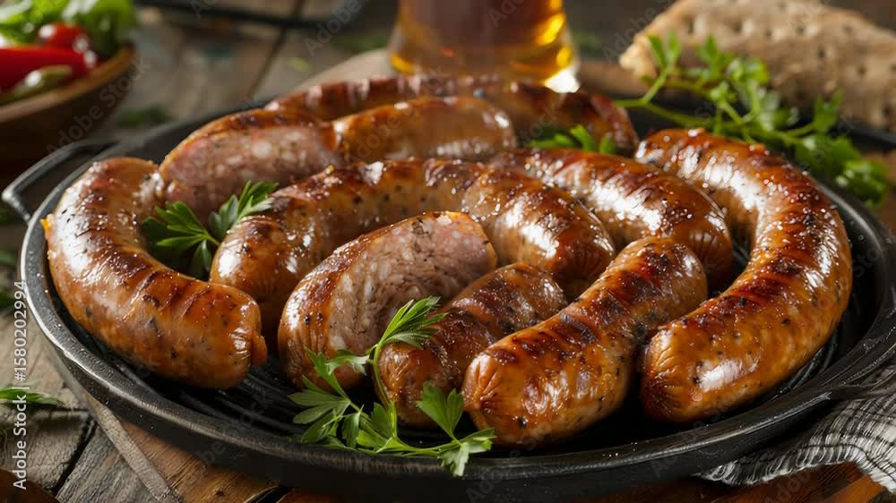 Grilled sausages with herbs and rustic background highlight savory culinary art Grilled sausages with herbs and rustic background highlight savory culinary art