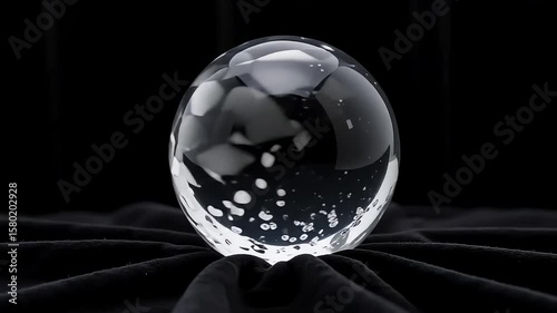 A captivating clear crystal ball rests elegantly on a draped velvet fabric, its smooth surface reflecting light and shadow, creating a mesmerizing optical illusion and a sense of mystery.