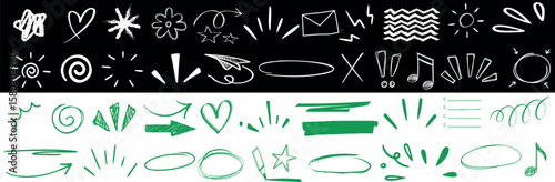 doodle sketch icon set including arrows, hearts, stars, music notes, highlights, and swirls. Perfect for presentations, design elements, social media, and educational vector graphics