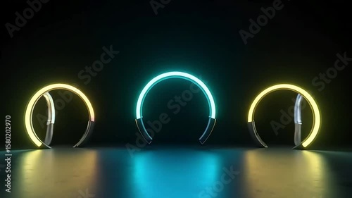 Three neon circles glow with vibrant colors, creating a futuristic and modern design element perfect for technology, gaming, or abstract backgrounds with a sleek and eye-catching aesthetic.