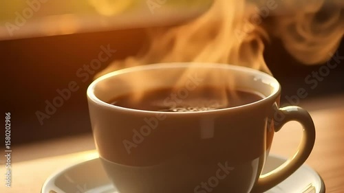 A steaming cup of dark coffee sits elegantly on a saucer, its rich aroma rising in delicate wisps, promising a warm and comforting start to the day, a perfect beverage.