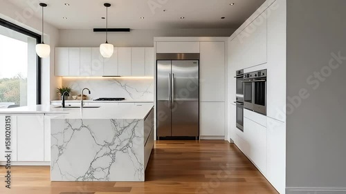 A modern kitchen showcases sleek white cabinetry, a marble island, and stainless steel appliances, illuminated by pendant lights, creating a bright and inviting culinary space for cooking and dining.
