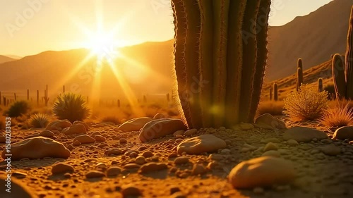 Golden hour bathes the arid desert landscape, illuminating saguaro cacti and scattered rocks under a warm, radiant sun, creating a serene and captivating vista of the American Southwest.
