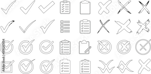 Checklist icons, tick marks, and cross symbols in outline style ideal for user interface design, icon set for tasks, validation, forms, and decision based web applications