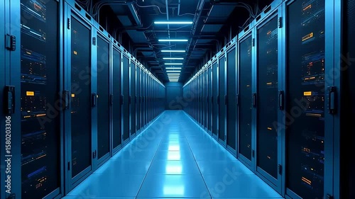 Explore a futuristic server room with rows of data servers, illuminated by neon blue lights, showcasing technology infrastructure and data storage in a modern, high-tech environment for IT solutions.