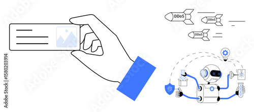Robot analyzes and protects against cyber threats thumbs up DDoS attacks. Hand holds data card. Ideal for cybersecurity, AI technology, data analysis, threat prevention, information safety