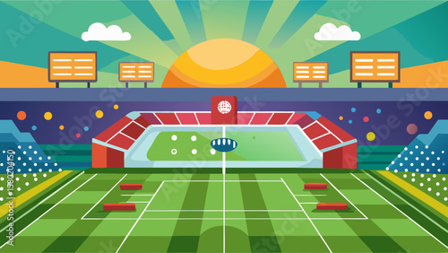 Vibrant stadium with a rugby ball and goalposts under a colorful sunrise sky