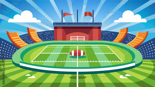 Vibrant american football stadium with field and spectator stands under blue sky