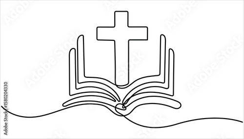 one continuous line bible.one line drawing of Christian holy book. Bible linear icon. One line drawing background.