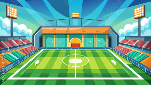 Vibrant cartoon soccer stadium with green field and colorful grandstands under a bright sky