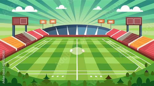 Vibrant cartoon stadium with green field and cheering crowd on a sunny day