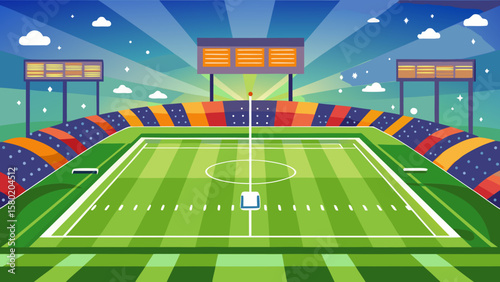 Vibrant sports stadium with green field and colorful spectator seating under a starry sky