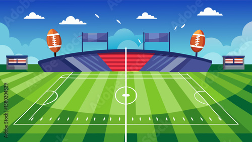 Vibrant american football stadium with field and grandstands under a blue sky